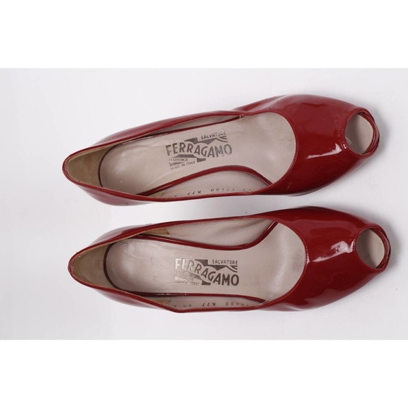 Salvatore Ferragamo Burgundy Patent Leather Peep Toe Wedge Pumps 6.5 B (fits 7) - Picture 6 of 11